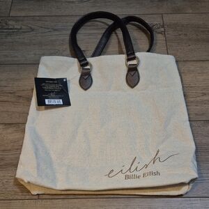 Billie Eilish Canvas Tote Bag. Brown Leather Straps. NWT
